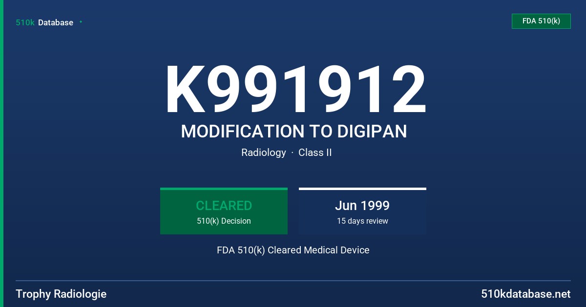 K991912 MODIFICATION TO DIGIPAN FDA 510(k) Cleared Medical Device
