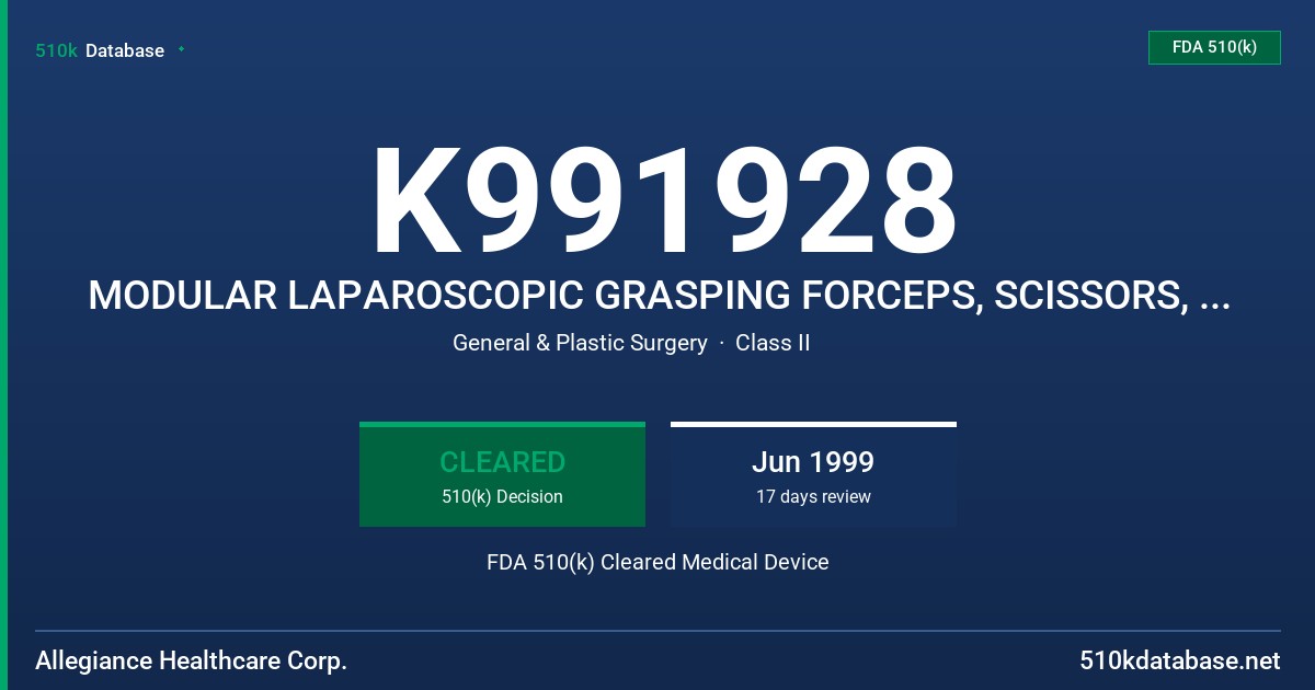K991928 MODULAR LAPAROSCOPIC GRASPING FORCEPS, SCISSORS, NEEDLE HOLDERS & DISSECTORS FDA 510(k) Cleared Medical Device