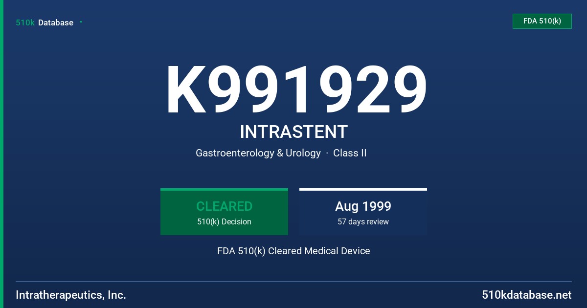 K991929 INTRASTENT FDA 510(k) Cleared Medical Device