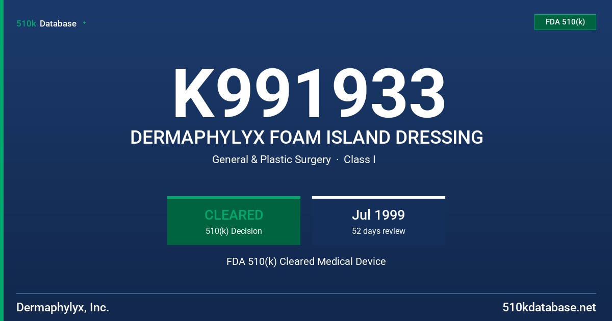 K991933 DERMAPHYLYX FOAM ISLAND DRESSING FDA 510(k) Cleared Medical Device