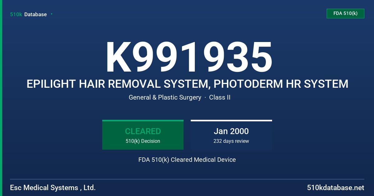 K991935 EPILIGHT HAIR REMOVAL SYSTEM, PHOTODERM HR SYSTEM FDA 510(k) Cleared Medical Device