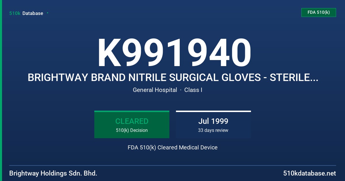 K991940 BRIGHTWAY BRAND NITRILE SURGICAL GLOVES - STERILE (POWDERED) FDA 510(k) Cleared Medical Device