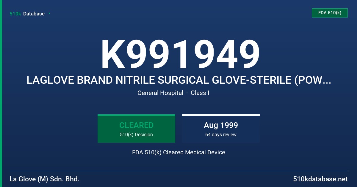 K991949 LAGLOVE BRAND NITRILE SURGICAL GLOVE-STERILE (POWDERED) FDA 510(k) Cleared Medical Device