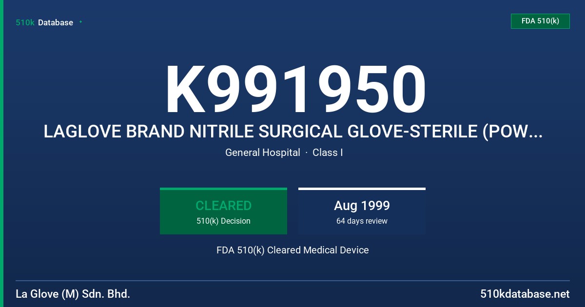 K991950 LAGLOVE BRAND NITRILE SURGICAL GLOVE-STERILE (POWDER-FREE) FDA 510(k) Cleared Medical Device