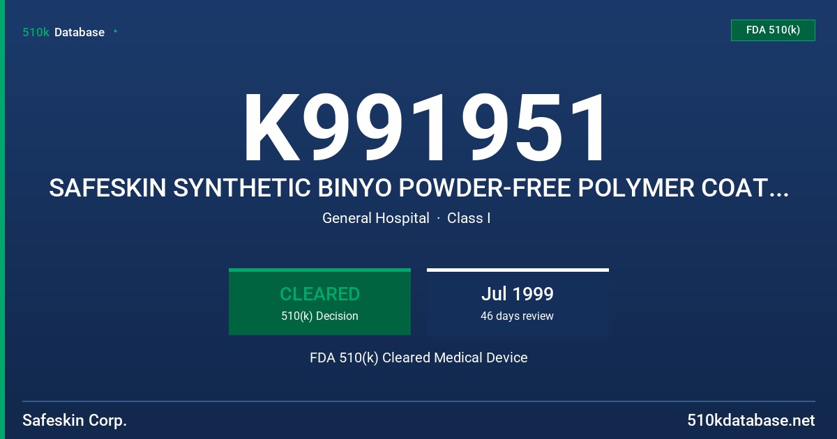 K991951 SAFESKIN SYNTHETIC BINYO POWDER-FREE POLYMER COATED EXAMINATION GLOVES (GREEN, WHITE) FDA 510(k) Cleared Medical Device
