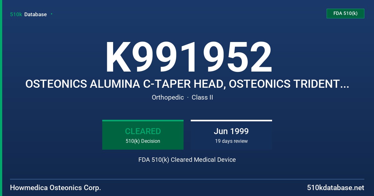 K991952 OSTEONICS ALUMINA C-TAPER HEAD, OSTEONICS TRIDENT POLYETHYLENE INSERTS FDA 510(k) Cleared Medical Device