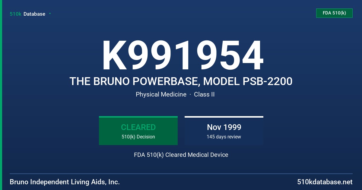 K991954 THE BRUNO POWERBASE, MODEL PSB-2200 FDA 510(k) Cleared Medical Device