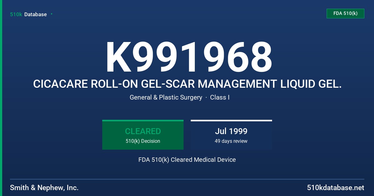 K991968 CICACARE ROLL-ON GEL-SCAR MANAGEMENT LIQUID GEL. FDA 510(k) Cleared Medical Device