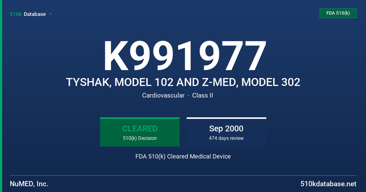 K991977 TYSHAK, MODEL 102 AND Z-MED, MODEL 302 FDA 510(k) Cleared Medical Device
