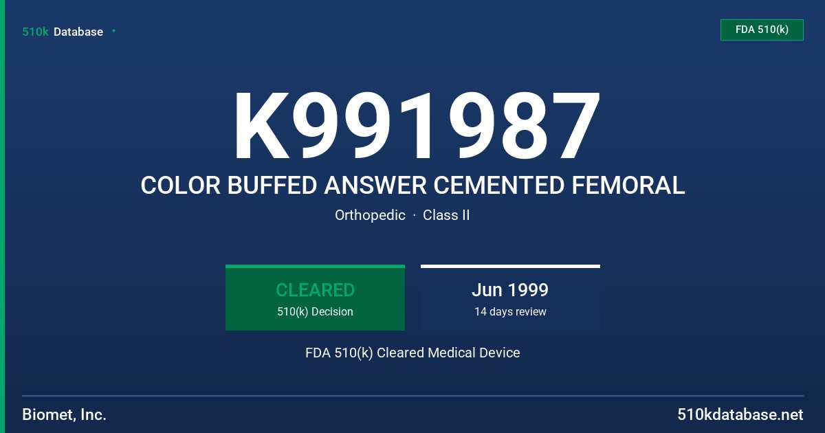 K991987 COLOR BUFFED ANSWER CEMENTED FEMORAL FDA 510(k) Cleared Medical Device