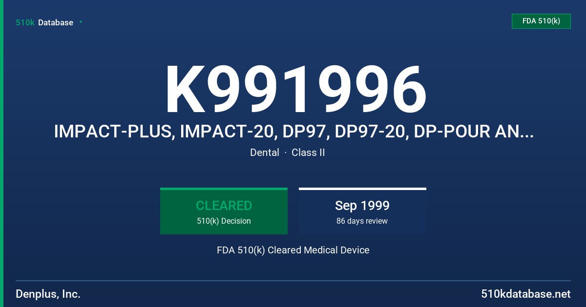 K991996 IMPACT-PLUS, IMPACT-20, DP97, DP97-20, DP-POUR AND DP-REPAIR FDA 510(k) Cleared Medical Device