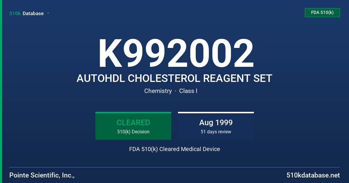 K992002 AUTOHDL CHOLESTEROL REAGENT SET FDA 510(k) Cleared Medical Device