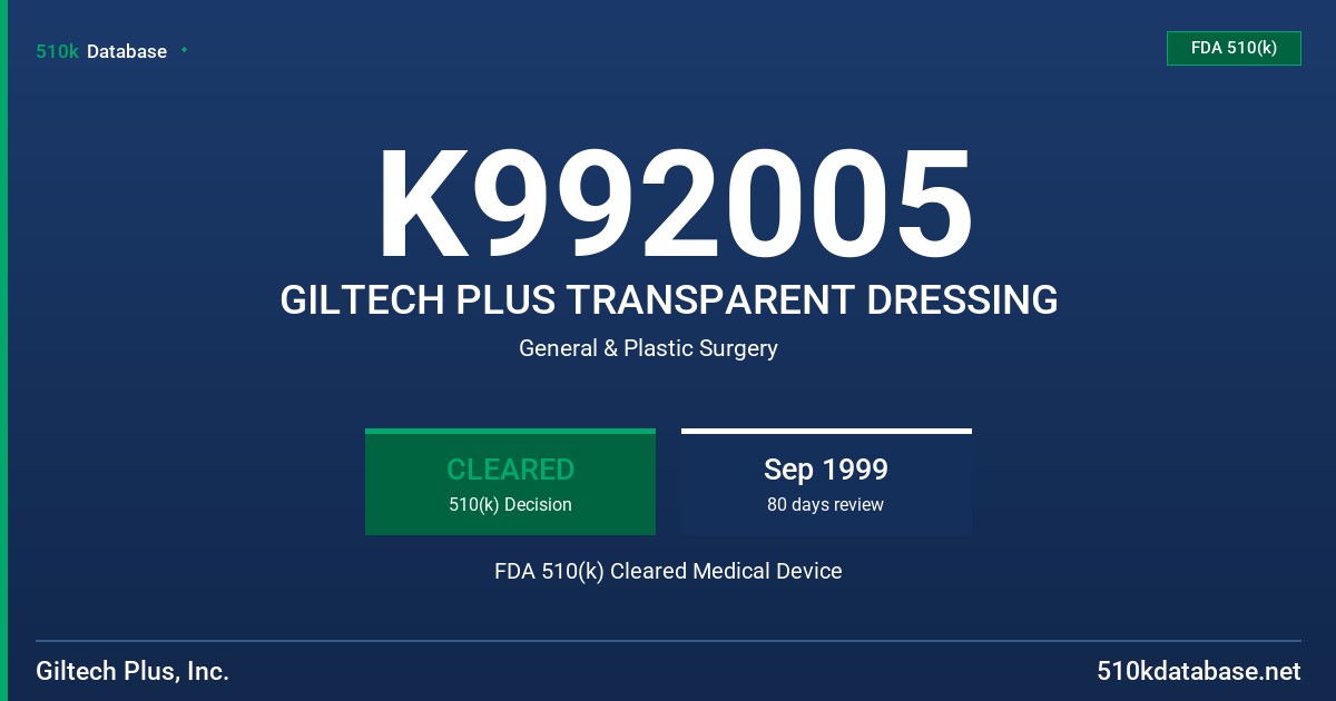 K992005 GILTECH PLUS TRANSPARENT DRESSING FDA 510(k) Cleared Medical Device