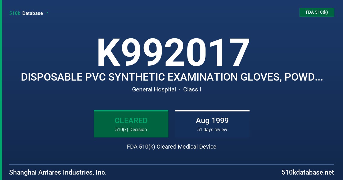 K992017 DISPOSABLE PVC SYNTHETIC EXAMINATION GLOVES, POWDER FREE FDA 510(k) Cleared Medical Device