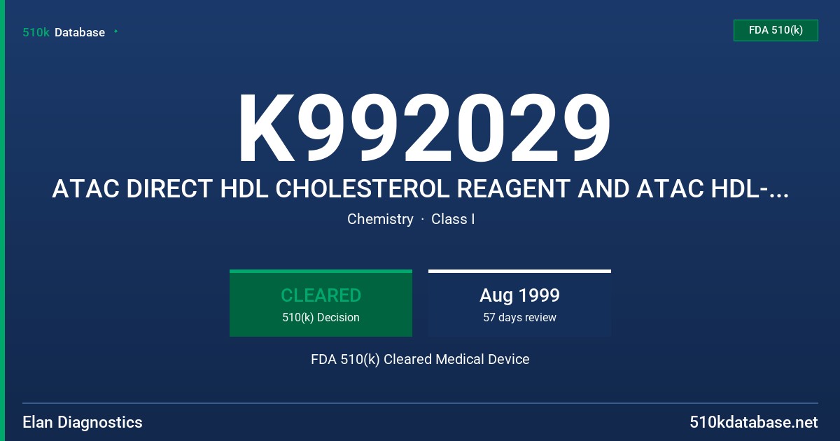 K992029 ATAC DIRECT HDL CHOLESTEROL REAGENT AND ATAC HDL-C CALIBRATOR KITS FDA 510(k) Cleared Medical Device