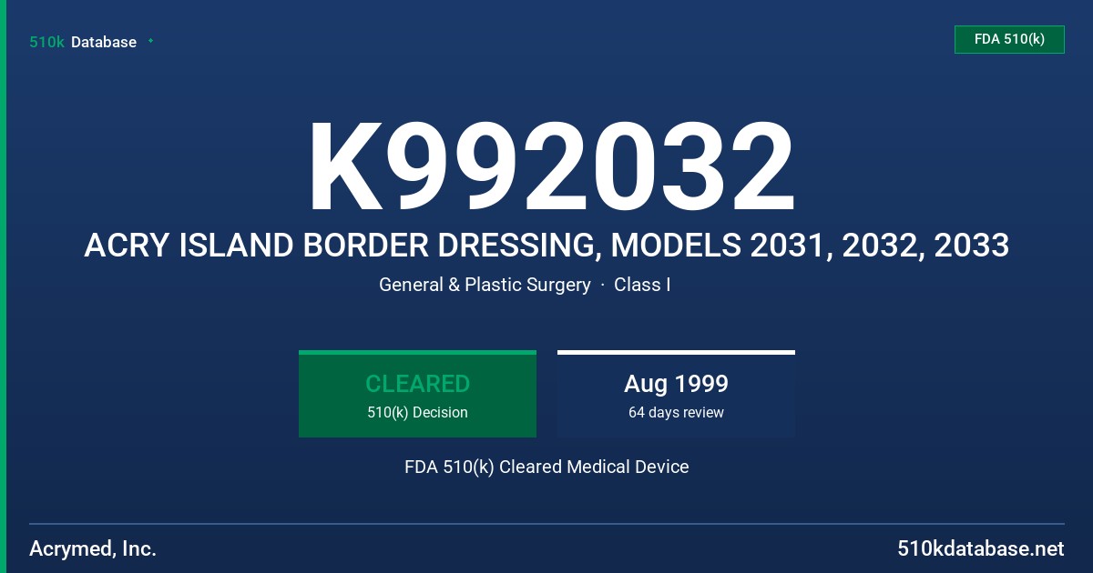 K992032 ACRY ISLAND BORDER DRESSING, MODELS 2031, 2032, 2033 FDA 510(k) Cleared Medical Device