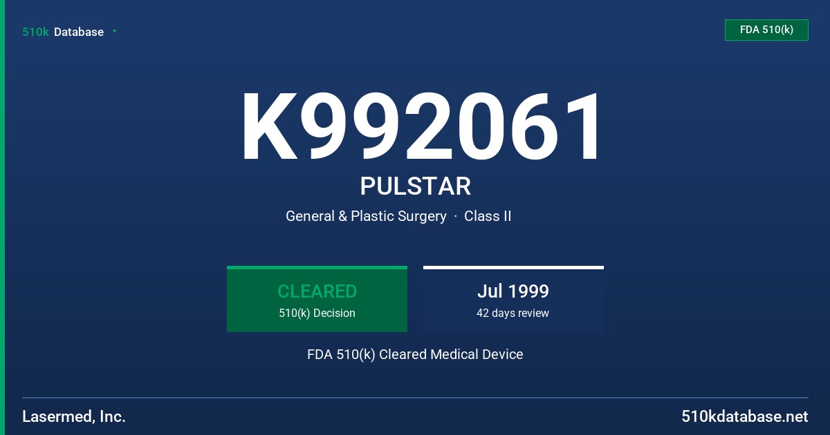 K992061 PULSTAR FDA 510(k) Cleared Medical Device