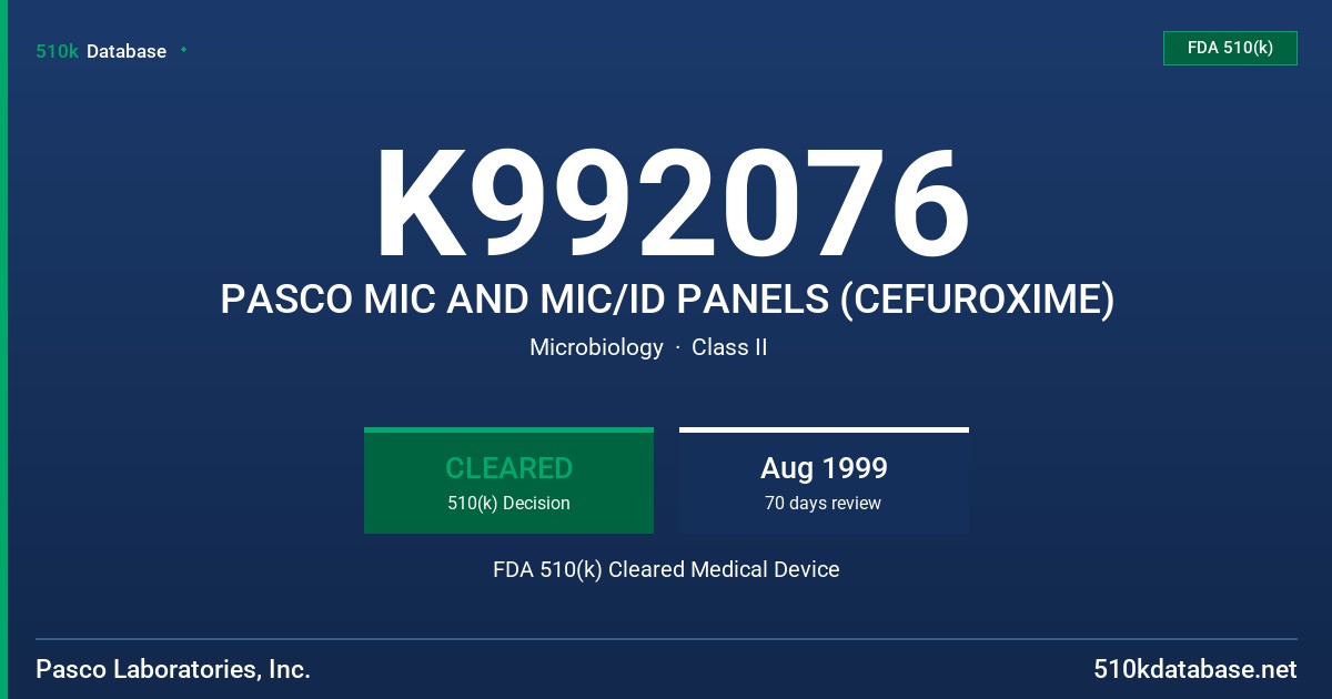 K992076 PASCO MIC AND MIC/ID PANELS (CEFUROXIME) FDA 510(k) Cleared Medical Device
