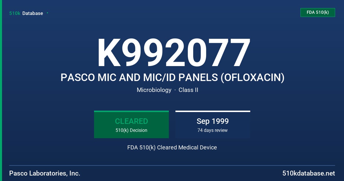 K992077 PASCO MIC AND MIC/ID PANELS (OFLOXACIN) FDA 510(k) Cleared Medical Device