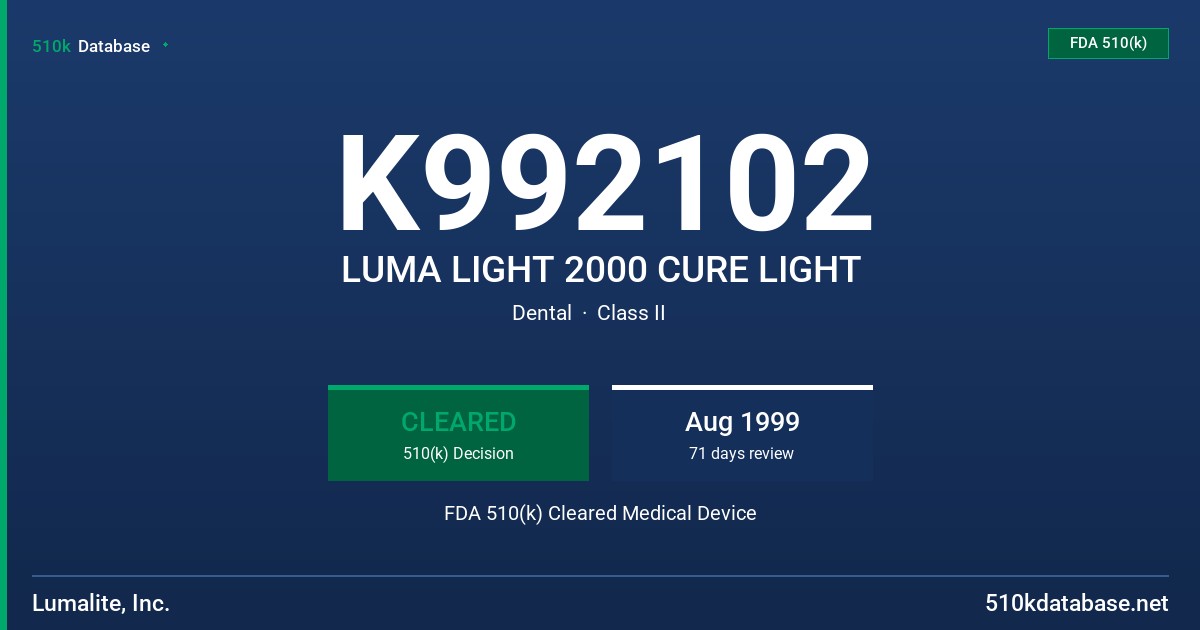 K992102 LUMA LIGHT 2000 CURE LIGHT FDA 510(k) Cleared Medical Device