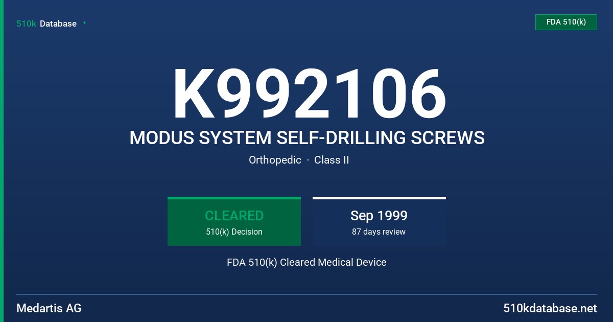 K992106 MODUS SYSTEM SELF-DRILLING SCREWS FDA 510(k) Cleared Medical Device