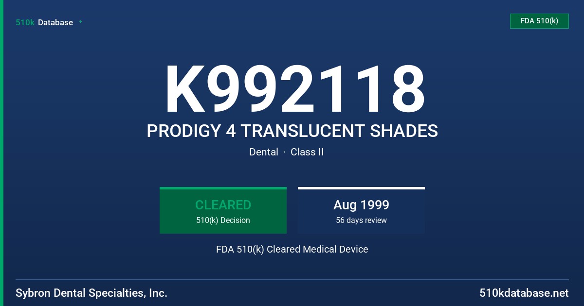 K992118 PRODIGY 4 TRANSLUCENT SHADES FDA 510(k) Cleared Medical Device