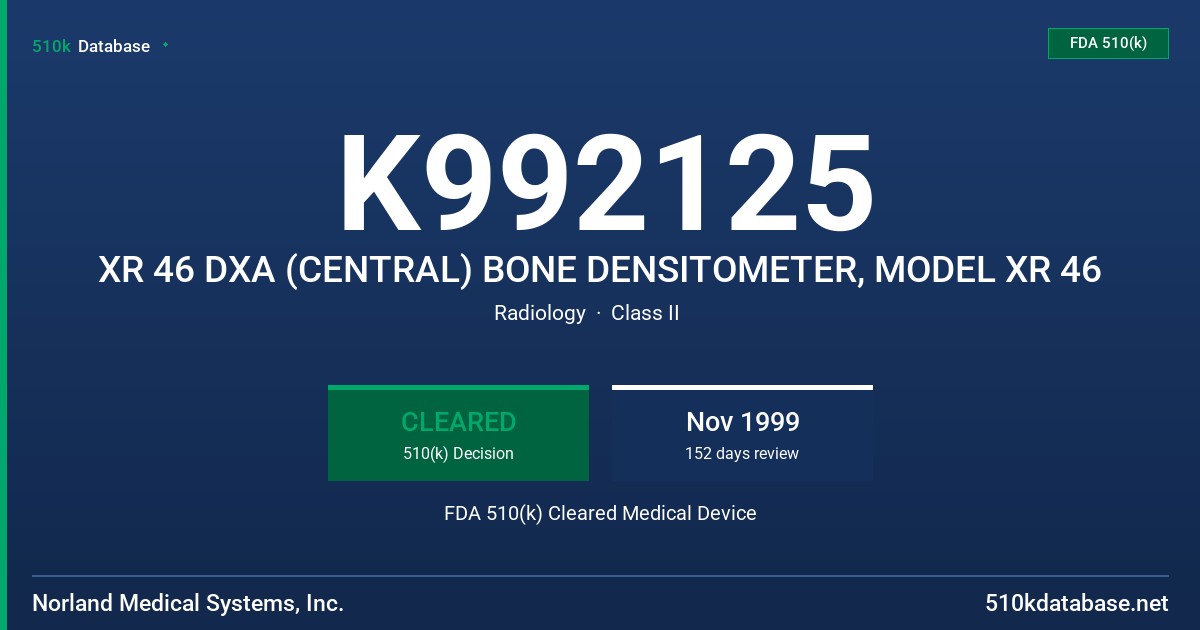 K992125 XR 46 DXA (CENTRAL) BONE DENSITOMETER, MODEL XR 46 FDA 510(k) Cleared Medical Device