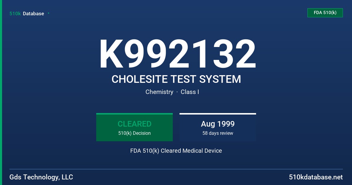 K992132 CHOLESITE TEST SYSTEM FDA 510(k) Cleared Medical Device