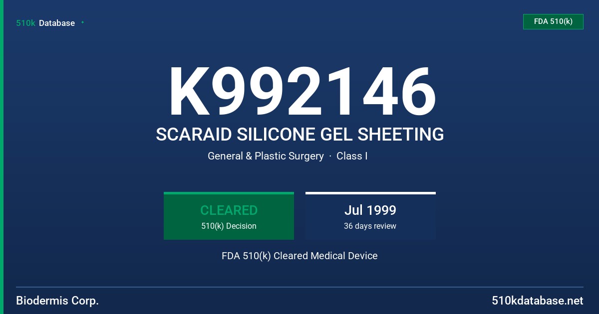 K992146 SCARAID SILICONE GEL SHEETING FDA 510(k) Cleared Medical Device