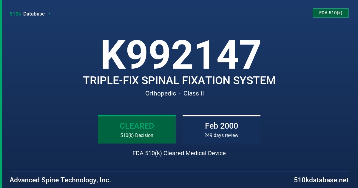 K992147 TRIPLE-FIX SPINAL FIXATION SYSTEM FDA 510(k) Cleared Medical Device