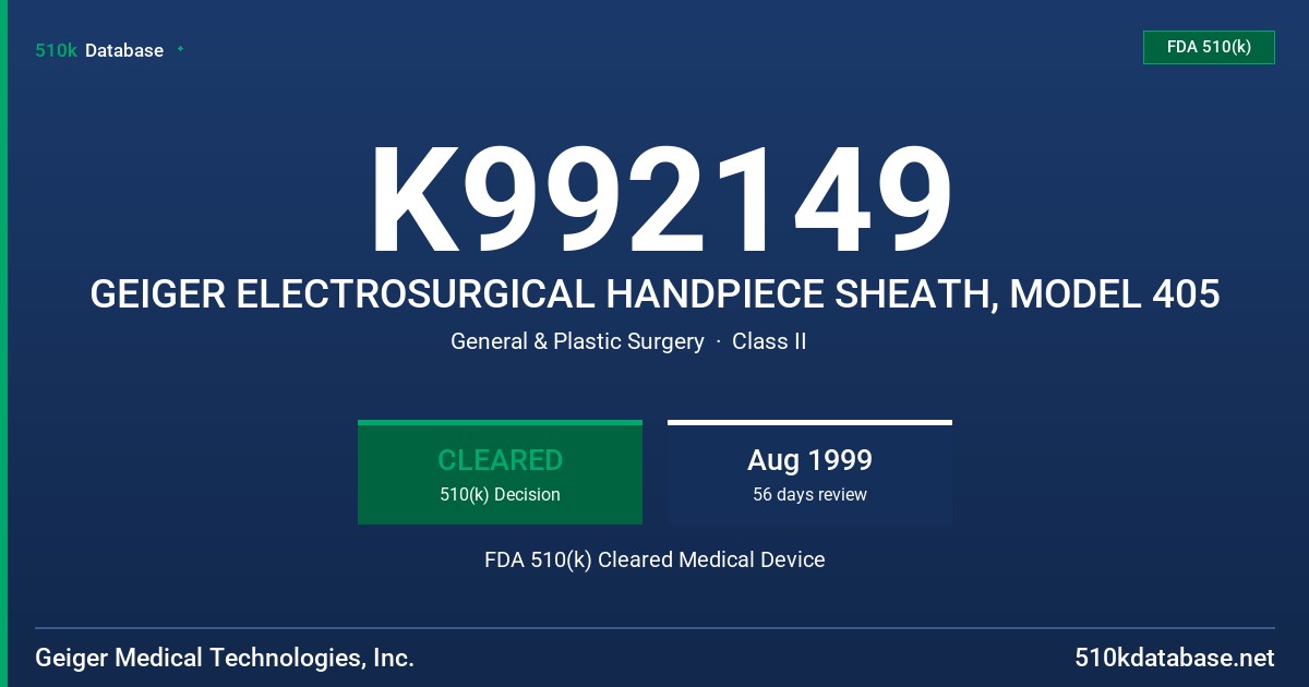 K992149 GEIGER ELECTROSURGICAL HANDPIECE SHEATH, MODEL 405 FDA 510(k) Cleared Medical Device