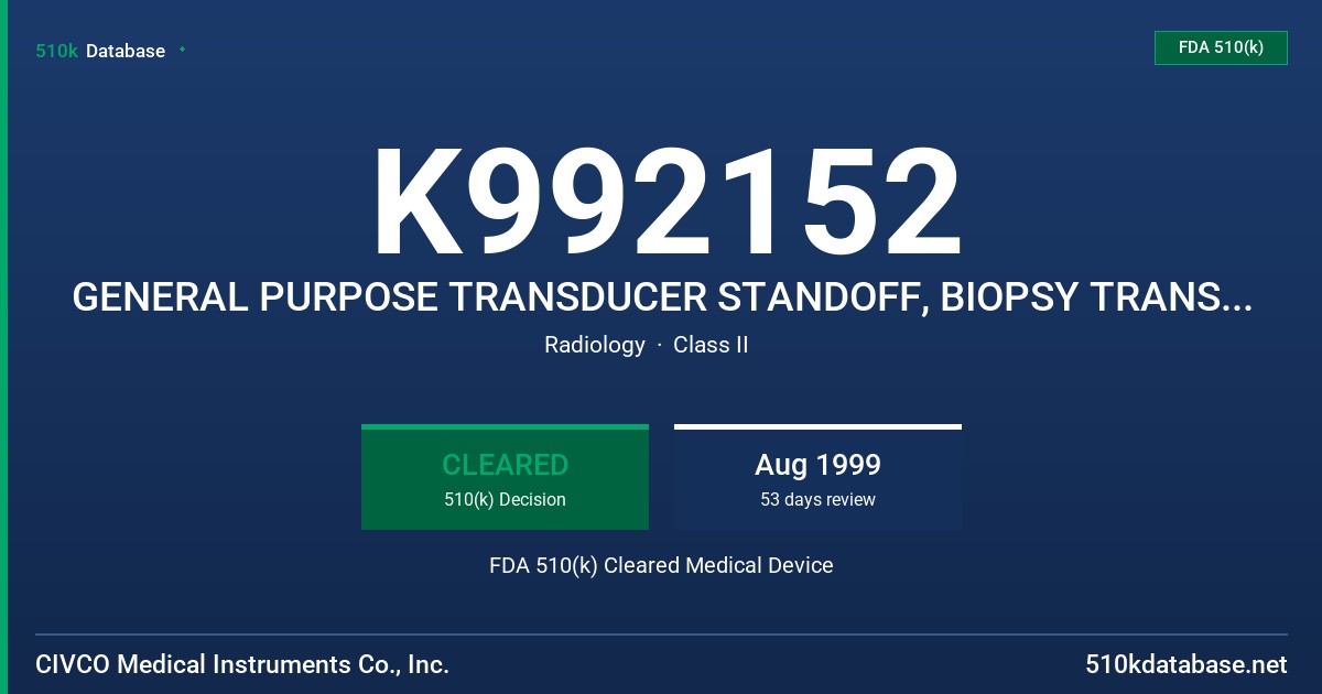 K992152 GENERAL PURPOSE TRANSDUCER STANDOFF, BIOPSY TRANSDUCER STANDOFF, BI-PLANE ENDOCAVITY TRANSDUCER STANDOFF FDA 510(k) Cleared Medical Device
