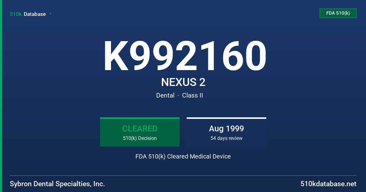 K992160 NEXUS 2 FDA 510(k) Cleared Medical Device