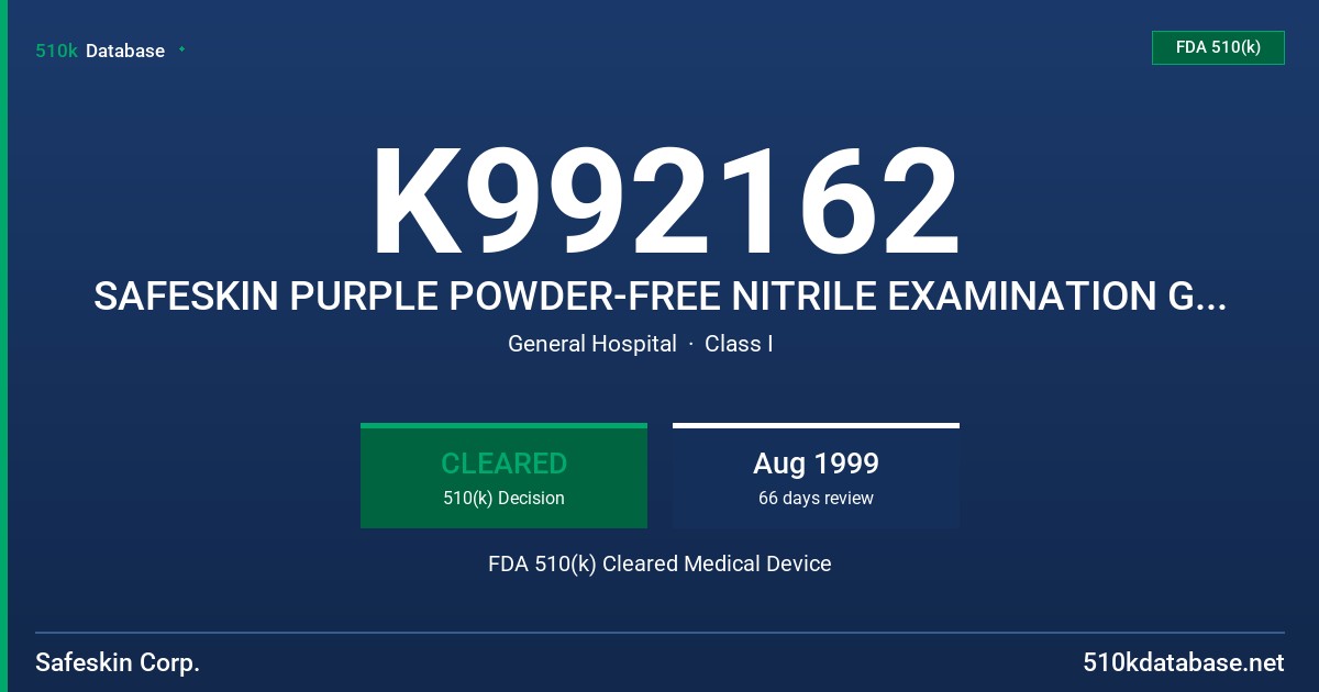 K992162 SAFESKIN PURPLE POWDER-FREE NITRILE EXAMINATION GLOVES FOR USE WITH CHEMOTHERAPEUTIC DRUGS LABELING CLAIM FDA 510(k) Cleared Medical Device