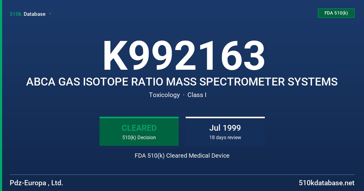 K992163 ABCA GAS ISOTOPE RATIO MASS SPECTROMETER SYSTEMS FDA 510(k) Cleared Medical Device