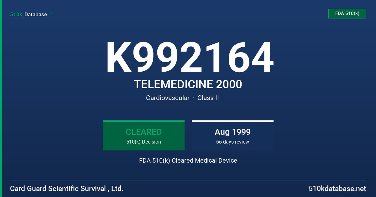 K992164 TELEMEDICINE 2000 FDA 510(k) Cleared Medical Device