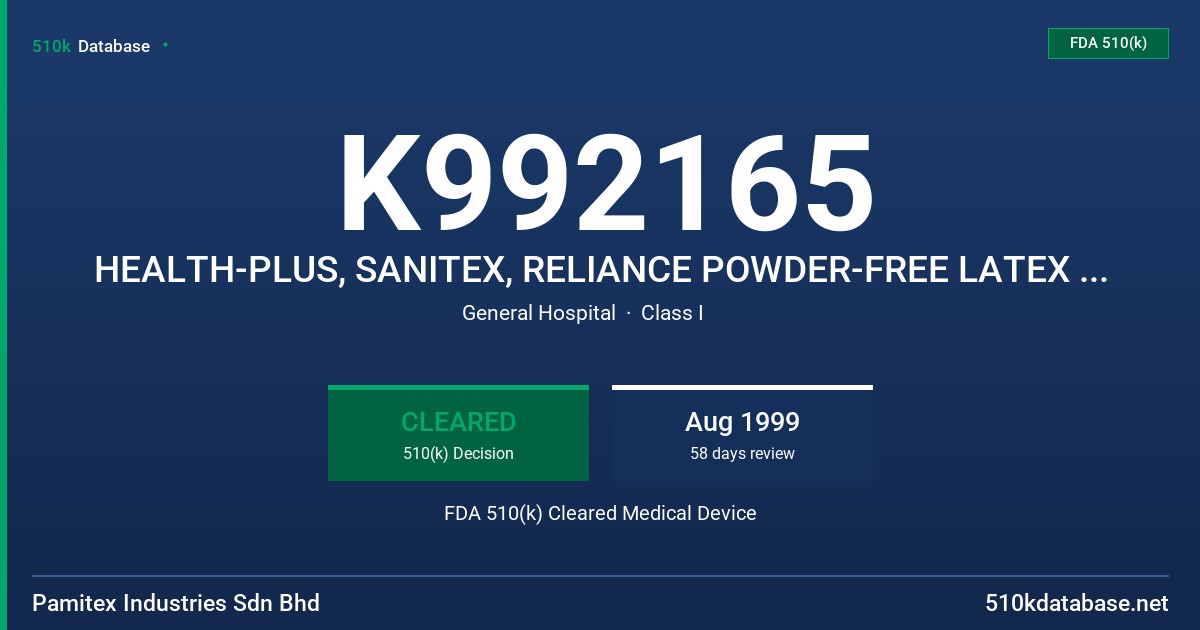 K992165 HEALTH-PLUS, SANITEX, RELIANCE POWDER-FREE LATEX EXAMINATION GLOVE FDA 510(k) Cleared Medical Device