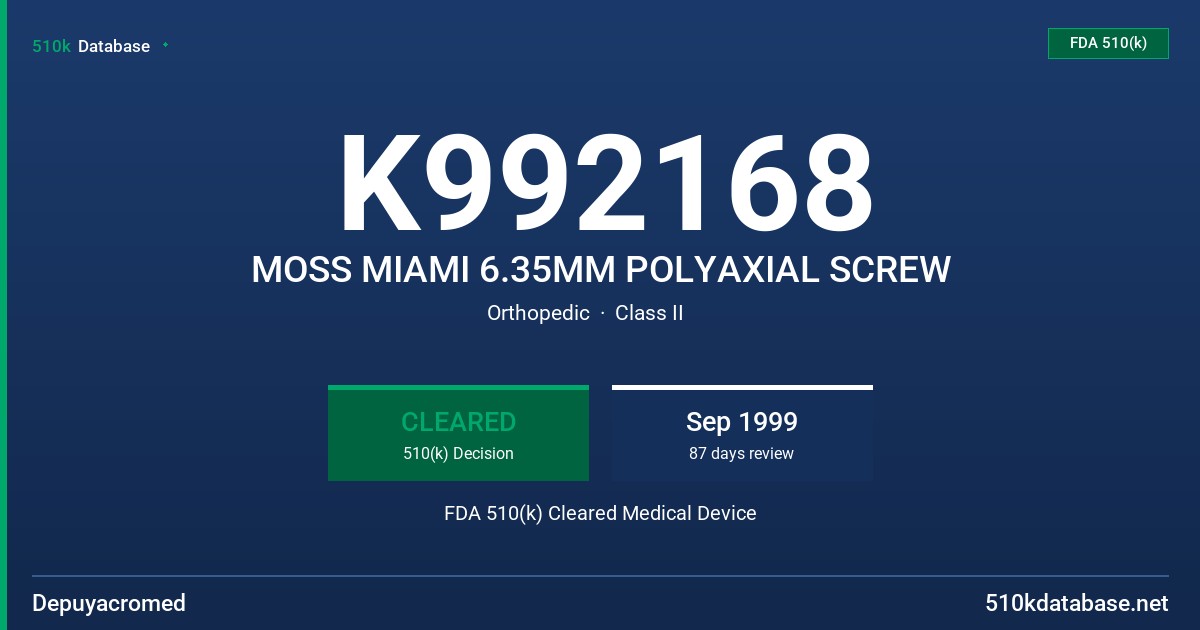 K992168 MOSS MIAMI 6.35MM POLYAXIAL SCREW FDA 510(k) Cleared Medical Device