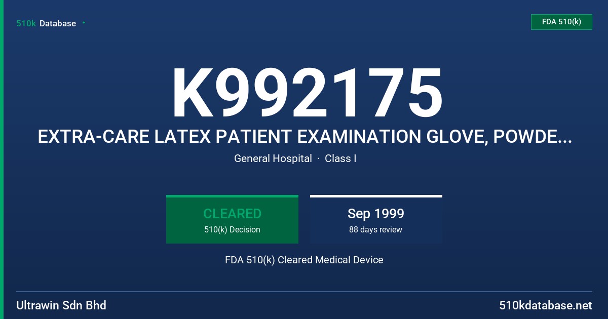 K992175 EXTRA-CARE LATEX PATIENT EXAMINATION GLOVE, POWDER-FREE, POLYMER COATED FDA 510(k) Cleared Medical Device