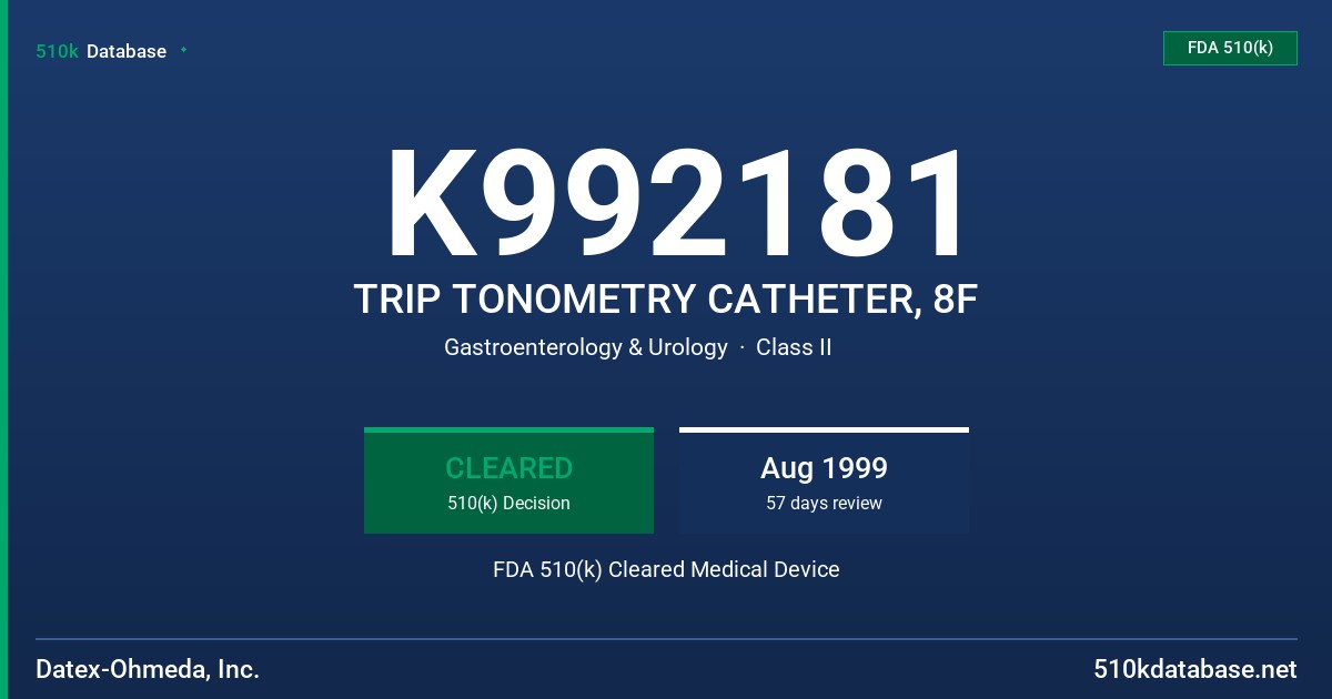 K992181 TRIP TONOMETRY CATHETER, 8F FDA 510(k) Cleared Medical Device