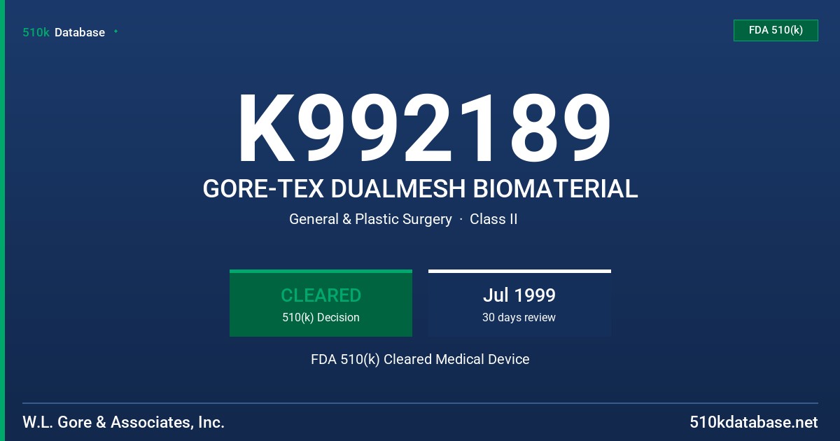 K992189 GORE-TEX DUALMESH BIOMATERIAL FDA 510(k) Cleared Medical Device