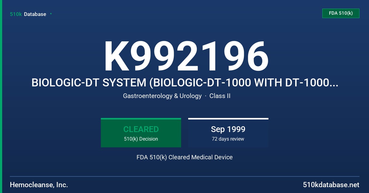 K992196 BIOLOGIC-DT SYSTEM (BIOLOGIC-DT-1000 WITH DT-1000-TK) FDA 510(k) Cleared Medical Device