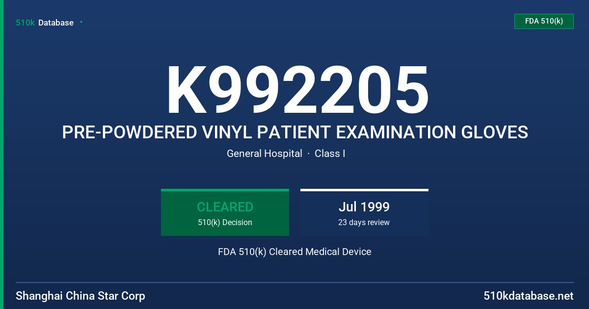K992205 PRE-POWDERED VINYL PATIENT EXAMINATION GLOVES FDA 510(k) Cleared Medical Device
