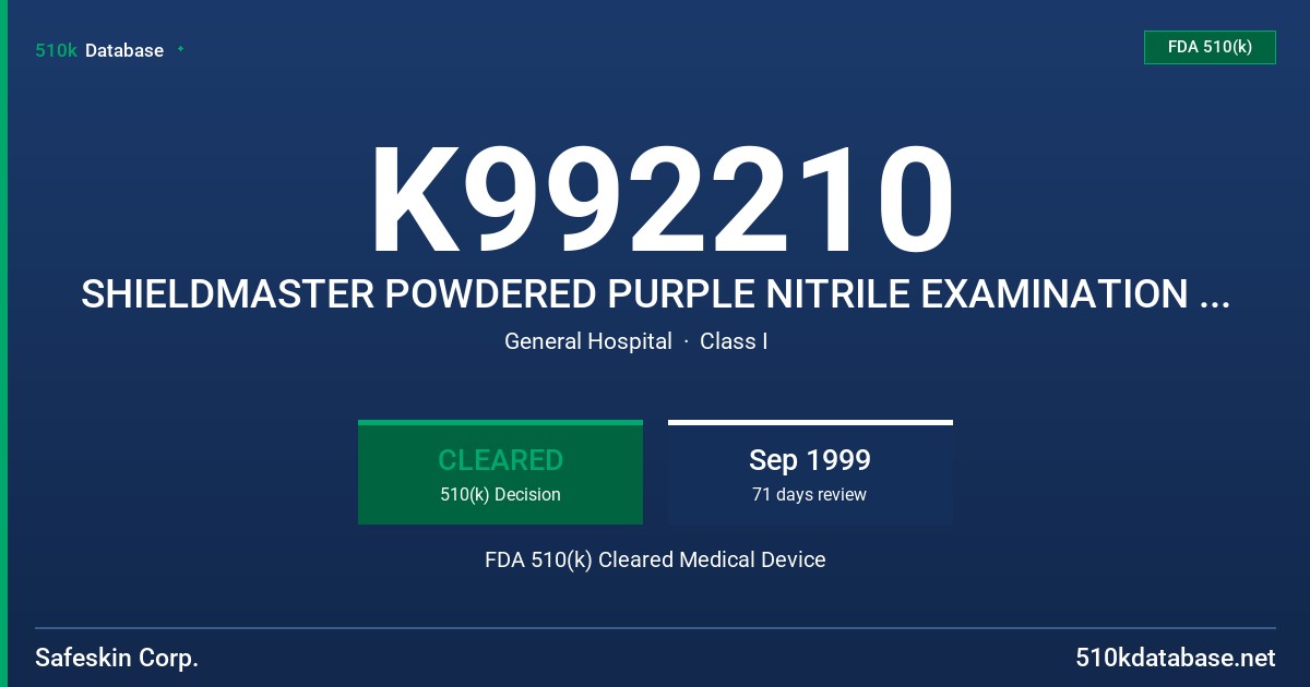 K992210 SHIELDMASTER POWDERED PURPLE NITRILE EXAMINATION GLOVES FDA 510(k) Cleared Medical Device
