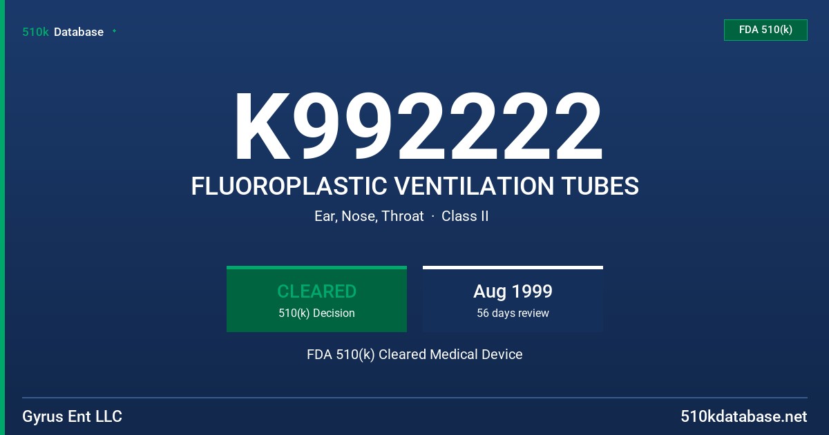 K992222 FLUOROPLASTIC VENTILATION TUBES FDA 510(k) Cleared Medical Device