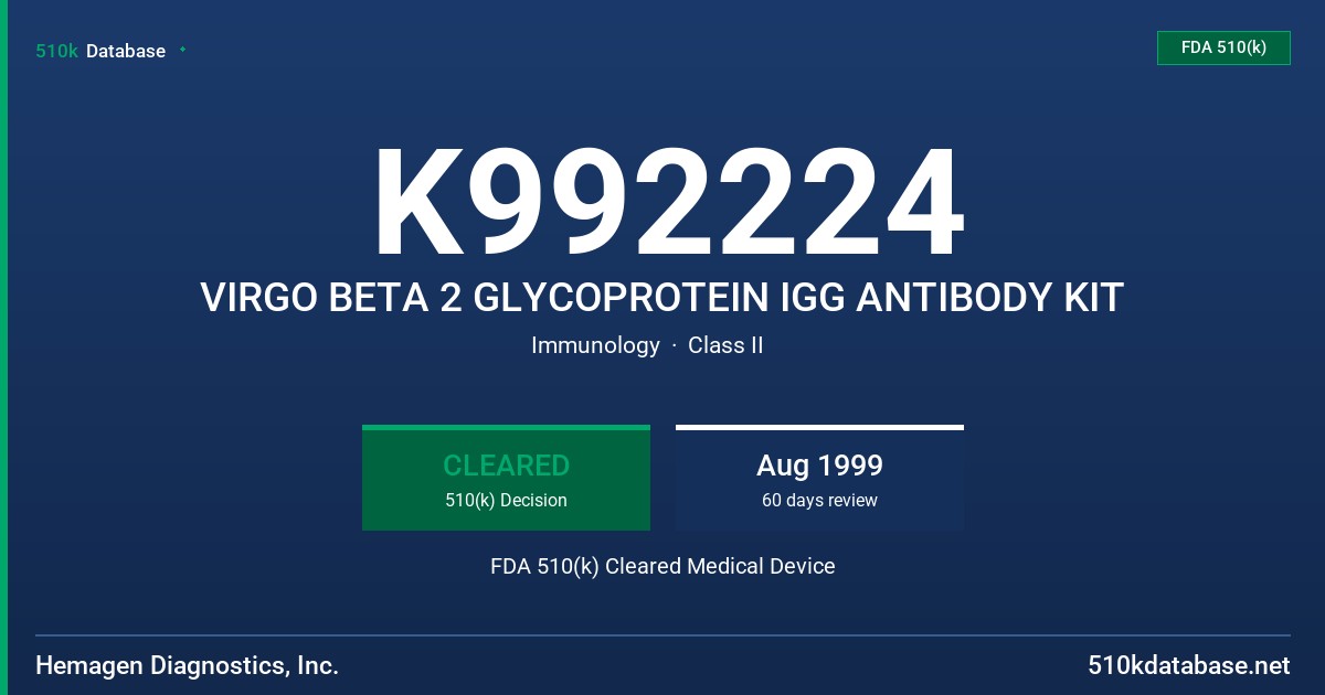 K992224 VIRGO BETA 2 GLYCOPROTEIN IGG ANTIBODY KIT FDA 510(k) Cleared Medical Device