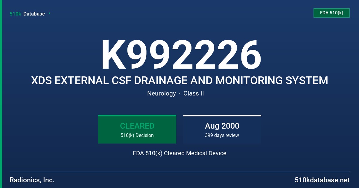 K992226 XDS EXTERNAL CSF DRAINAGE AND MONITORING SYSTEM FDA 510(k) Cleared Medical Device