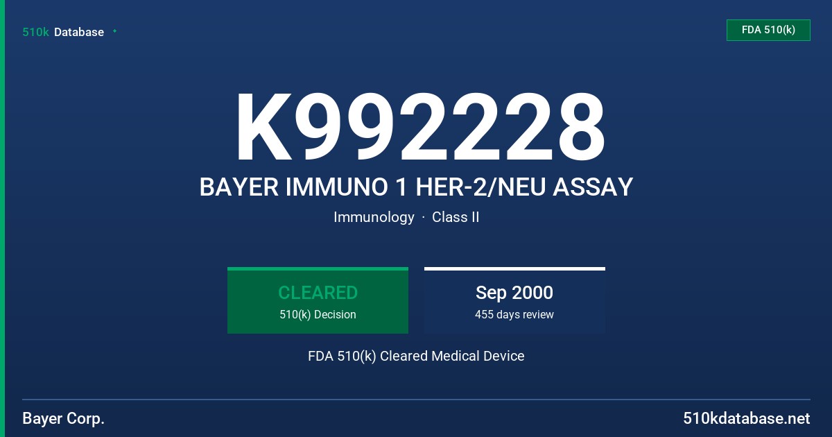 K992228 BAYER IMMUNO 1 HER-2/NEU ASSAY FDA 510(k) Cleared Medical Device