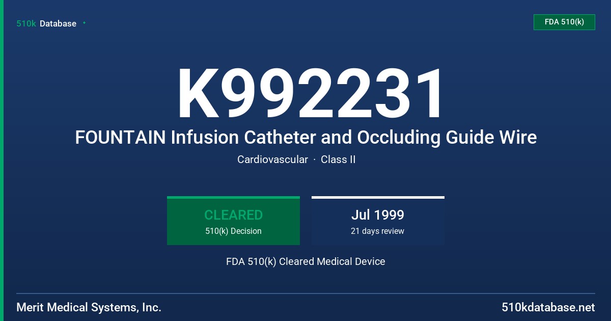 K992231 FOUNTAIN Infusion Catheter and Occluding Guide Wire FDA 510(k) Cleared Medical Device