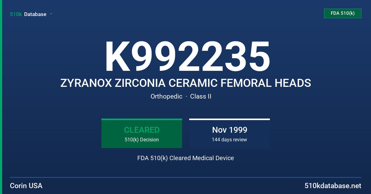 K992235 ZYRANOX ZIRCONIA CERAMIC FEMORAL HEADS FDA 510(k) Cleared Medical Device